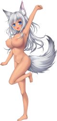 Rule 34 | 1girl, animal ear fluff, animal ears, arm up, armpits, barefoot, blue eyes, breasts, completely nude, dark-skinned female, dark skin, fang, full body, highres, large breasts, large tail, leg lift, long hair, muutsuki, navel, nipples, nude, open mouth, shirosaki kazuha, silver hair, solo, sora no tsukurikata, tail, transparent background, wolf ears, wolf tail