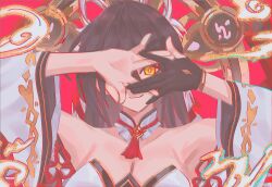 Rule 34 | 1girl, absurdres, armpits, arms up, bare shoulders, black gloves, black hair, breasts, chromatic aberration, cleavage, closed mouth, commentary request, copyright request, detached sleeves, gloves, hair between eyes, highres, long hair, long sleeves, looking at viewer, medium breasts, partially fingerless gloves, red background, simple background, single glove, smile, solo, strapless, upper body, white sleeves, wide sleeves, yaho (bungadance), yellow eyes