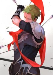 Rule 34 | 1boy, absurdres, achilles (fate), arm armor, armor, arrow (projectile), arrow in body, bad id, bad pixiv id, breastplate, closed mouth, detached sleeves, fate/apocrypha, fate/grand order, fate (series), fighting stance, gradient hair, green hair, hair over one eye, highres, holding, holding lance, holding polearm, holding weapon, lance, looking at viewer, male focus, manly, multicolored hair, one eye covered, orange sash, pesso fgo, polearm, sash, shoulder pads, simple background, solo, upper body, weapon, white background, yellow eyes