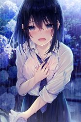 Rule 34 | 1girl, absurdres, black hair, black necktie, black skirt, blue eyes, blush, breasts, bush, collared shirt, commentary request, crying, crying with eyes open, day, flower, hand on own chest, highres, huge filesize, hydrangea, kuro namako, long hair, long sleeves, medium breasts, necktie, open mouth, original, outdoors, pov, puddle, rain, school uniform, see-through, shirt, skirt, sleeves rolled up, solo, striped necktie, striped neckwear, tears, water, wet, wet clothes, wet shirt, white shirt, wing collar