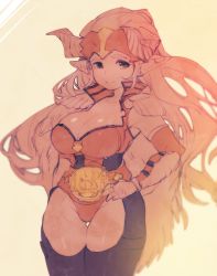 Rule 34 | 10s, 1girl, bad id, bad twitter id, belt, black thighhighs, breasts, chaps, cleavage, cowboy shot, draph, earrings, genderswap, genderswap (mtf), granblue fantasy, green eyes, hand on own hip, horns, jewelry, ladiva, large breasts, leotard, long hair, norasame (dagako), pointy ears, smile, solo, thighhighs, wrestling outfit