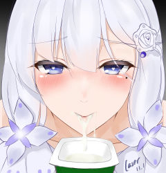 Rule 34 | 1girl, artist name, azur lane, blush, dated, half-closed eyes, heart, heart-shaped pupils, highres, illustrious (azur lane), illustrious (morning star of love and hope) (azur lane), laserflip, looking at viewer, low twintails, mole, mole under eye, nose blush, purple eyes, solo, suggestive fluid, symbol-shaped pupils, twintails, white hair, yogurt