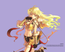 Rule 34 | 1girl, arrow (projectile), blonde hair, bow (weapon), high heels, marksman, midriff, myung-jin lee, official art, quiver, ragnarok online, shorts, sniper, sniper (ragnarok online), solo, weapon