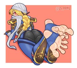 Rule 34 | 1girl, armor, ass, bandages, blonde hair, border, braid, braided ponytail, commentary, commission, crossed legs, dorsiflexion, english commentary, feet, feet up, foot focus, foreshortening, from behind, gold trim, hair between eyes, hair ornament, leg armor, legs, long hair, looking at viewer, looking back, lying, mask, nintendo, no shoes, on stomach, pink background, pink eyes, shadow, sheik, shoulder armor, simple background, skin tight, soles, solo, spread toes, stirrup legwear, the legend of zelda, the legend of zelda: ocarina of time, the pose, toeless legwear, toenails, toes, tsukimaru (ls 99ml), turban, twitter username, white border