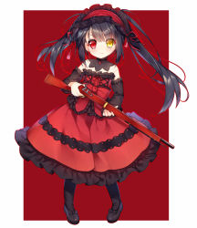 Rule 34 | 1girl, aged down, asymmetrical hair, black bow, black footwear, black hair, black pantyhose, blush, bow, closed mouth, commentary request, date a live, detached sleeves, dress, frilled hairband, frills, full body, gothic lolita, gun, hair between eyes, hairband, heterochromia, holding, holding gun, holding weapon, lolita fashion, lolita hairband, long sleeves, looking at viewer, pantyhose, red background, red dress, red eyes, red hairband, red ribbon, ribbon, rifle, shoes, solo, standing, strapless, strapless dress, tengxiang lingnai, tokisaki kurumi, twintails, two-tone background, uneven twintails, v-shaped eyebrows, weapon, weapon request, white background, yellow eyes
