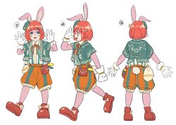 Rule 34 | :d, animal ears, blue eyes, blush, brown footwear, character sheet, creatrail, fish, furry, green hat, green jacket, hands up, hat, jacket, mascot, multiple views, open mouth, original, pouch, rabbit, rabbit ears, rabbit tail, red hair, shorts, simple background, smile, standing, tail, tilted headwear, white background