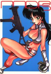 Rule 34 | arm strap, black hair, boots, breasts, cover, cover page, dirty pair, earrings, explosive, gloves, grenade, grenade pin, grenade pin in mouth, gun, heckler &amp; koch, highres, holding, holding grenade, holding gun, holding weapon, holster, jewelry, large breasts, long hair, mouth hold, navel, scan, shimizu kiyoshi, solo, stud earrings, submachine gun, weapon, yuri (dirty pair)