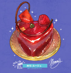 Rule 34 | blue background, cake, chocolate, dessert, food, food focus, french text, fruit, heart, highres, momiji mao, no humans, original, pastry, plate, raspberry, realistic, signature, sparkle, still life