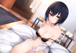 Rule 34 | 1girl, absurdres, arm at side, bare shoulders, bed, bed sheet, bedroom, between legs, black bra, black hair, blush, bottomless, bra, breasts, carpet, chair, cleavage, closed mouth, collarbone, cup, groin, hair between eyes, hand between legs, highres, indoors, kokusan moyashi, lace, lace-trimmed bra, lace bra, lace trim, large breasts, long sleeves, looking at viewer, navel, non-web source, off shoulder, on bed, open clothes, open shirt, orange eyes, original, seiza, short hair, sitting, smile, solo, stomach, strap slip, table, underwear, wooden floor