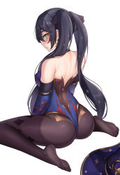 Rule 34 | 1girl, absurdres, ass, back, backless leotard, bare shoulders, black hair, blue leotard, blush, breasts, brown pantyhose, detached sleeves, earrings, from behind, genshin impact, gold trim, green eyes, hat, unworn hat, unworn headwear, highres, jewelry, komainu (yamaha1997), leotard, long hair, looking at viewer, looking back, medium breasts, mona (genshin impact), no shoes, pantyhose, parted lips, simple background, sitting, solo, sparkle hair ornament, sparkle print, star (symbol), star earrings, twintails, very long hair, wariza, white background, witch hat