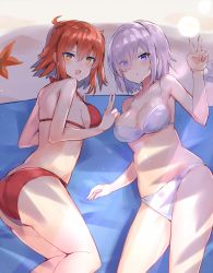 Rule 34 | 2girls, :o, ahoge, alternate costume, bad id, bad pixiv id, bare shoulders, bikini, blush, breasts, commentary request, eyes visible through hair, fate/grand order, fate (series), fujimaru ritsuka (female), hair between eyes, hair ornament, hair over one eye, highres, large breasts, light purple hair, long hair, looking at viewer, lying, mash kyrielight, multiple girls, nonon (xenonbot), open mouth, orange bikini, orange hair, purple eyes, purple hair, scrunchie, short hair, side ponytail, smile, swimsuit, v, white bikini