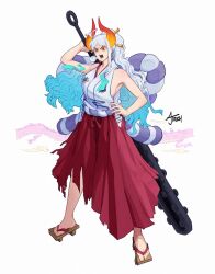 1girl aj_touch alternate_form aqua_hair blue_hair club club_(weapon) curled_horns dragon full_body geta hakama holding holding_weapon horns japanese_clothes kanabou kimono kouzuki_momonosuke one_piece ponytail red_hakama rope sandals shimenawa sidelocks simple_background sleeveless sleeveless_kimono torn_clothes torn_hakama v-shaped_eyebrows weapon white_background white_hair white_kimono yamato_(one_piece)