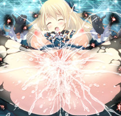 Rule 34 | 10s, 1girl, anus, ass, atago (kancolle), black gloves, blonde hair, blush, breasts, censored, closed eyes, explosion, female ejaculation, female orgasm, gloves, hat, kantai collection, large breasts, long hair, lying, military, military uniform, mosaic censoring, nipples, no panties, on back, open mouth, orgasm, pantyhose, personification, pussy, pussy juice, solo, spread legs, sweat, torn clothes, torn pantyhose, uniform, v-mag