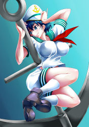 Rule 34 | 1girl, anchor, black hair, blue background, blue eyes, boots, breasts, female focus, hat, impossible clothes, impossible shirt, large breasts, murasa minamitsu, sailor hat, shirt, short hair, shorts, smile, solo, touhou, tuna sand