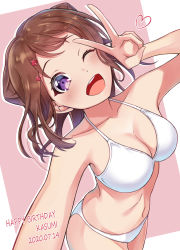 Rule 34 | 1girl, ;d, aranami shibuki, arm up, bang dream!, bare arms, bare shoulders, bikini, blush, breasts, brown hair, character name, cleavage, collarbone, commentary request, cone hair bun, cowboy shot, dated, from above, hair bun, hair ornament, halterneck, happy birthday, heart, highres, long hair, looking at viewer, looking up, medium breasts, navel, one eye closed, open mouth, outstretched arm, pink background, purple eyes, revision, selfie, smile, solo, star (symbol), star hair ornament, string bikini, swept bangs, swimsuit, teeth, toyama kasumi, two-tone background, upper teeth only, v, white bikini