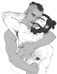 Rule 34 | 2boys, arm hair, armpit hair, arms around neck, bara, barbell piercing, beard, blackwall, chest hair, couple, cropped torso, dragon age, dragon age: inquisition, earrings, facial hair, full beard, greyscale, hairy, heads together, hug, hug from behind, jewelry, male focus, mature male, midoo (scarecrow-forest), monochrome, multiple boys, muscular, muscular male, mutual hug, navel, navel hair, nipples, nude, one eye closed, pectorals, piercing, short hair, sideburns, smile, thick beard, thick eyebrows, tongue piercing, undercut, yaoi