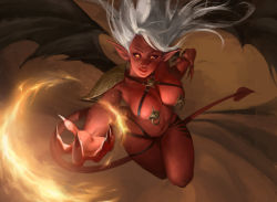 Rule 34 | 1girl, armor, bangku an, black wings, breasts, closed mouth, colored skin, commentary, criss-cross halter, demon girl, demon tail, demon wings, fingernails, fire, floating hair, flying, full body, halterneck, highres, large breasts, long hair, looking at viewer, magic, navel, orange eyes, original, outstretched arm, pointy ears, red skin, revealing clothes, shoulder armor, single shoulder pad, solo, tail, white hair, wings