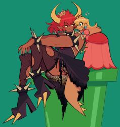 Rule 34 | 2girls, ;d, arm rest, armlet, bare shoulders, black dress, black nails, blonde hair, blue eyes, boots, bowsette, bracelet, burnt clothes, closed mouth, collar, crown, dark-skinned female, dark skin, dress, earrings, eye contact, fang, fang out, fingernails, fishnet legwear, fishnets, full body, gloves, green background, heart, high heel boots, high heels, highres, horns, icksi, interspecies, jewelry, knees up, leaning forward, leaning on person, long dress, long hair, looking at another, mario (series), multiple girls, muscular, muscular female, nail polish, new super mario bros. u deluxe, nintendo, one eye closed, open mouth, outstretched arms, pink dress, pointy ears, ponytail, princess peach, red eyes, red hair, sharp fingernails, shoes, sidelocks, simple background, sitting, size difference, smile, spiked armlet, spiked bracelet, spiked collar, spiked footwear, spiked shell, spiked tail, spikes, standing, strapless, strapless dress, super crown, tail, thighhighs, torn clothes, torn dress, torn legwear, turtle shell, zettai ryouiki