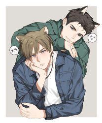 Rule 34 | 2boys, :&lt;, animal ears, annoyed, blonde hair, blue jacket, border, brown hair, cat boy, cat ears, chris redfield, dog boy, dog ears, green hoodie, grey background, hair between eyes, highres, hood, hoodie, jacket, jewelry, jujeop, leaning, leaning on person, leon s. kennedy, looking at viewer, male focus, multiple boys, necklace, open clothes, open jacket, resident evil, ring, shirt, short hair, slit pupils, smile, speech bubble, spoken expression, upper body, white border, white shirt