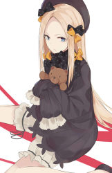 Rule 34 | 1girl, abigail williams (fate), black bow, black dress, black footwear, black hat, blonde hair, bloomers, blue eyes, bow, bug, butterfly, commentary request, dress, fate/grand order, fate (series), hair bow, hands in opposite sleeves, hat, highres, hugging object, insect, long hair, long sleeves, looking at viewer, looking to the side, moonlaw, orange bow, parted bangs, polka dot, polka dot bow, shoes, sitting, solo, stuffed animal, stuffed toy, teddy bear, underwear, very long hair, wariza, white bloomers