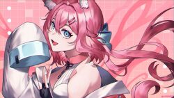 Rule 34 | alicia cotton, animal ears, bare shoulders, blue bow, blue bowtie, blue eyes, bow, bowtie, cat ears, commission, fingerless gloves, floating hair, gloves, indie virtual youtuber, jacket, long hair, open mouth, papercider, pink hair, sleeves past fingers, sleeves past wrists, smile, white jacket