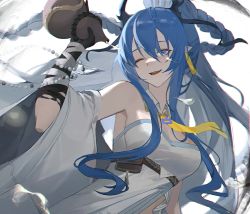 Rule 34 | 1girl, ;d, arknights, bare shoulders, black gloves, blue eyes, blue hair, braid, breasts, chinese commentary, cleavage, commentary request, detached collar, dragon horns, dress, earrings, elbow gloves, gloves, gourd, hair between eyes, haocong33, holding, horns, jewelry, large breasts, ling (arknights), long hair, multicolored hair, necktie, off shoulder, one eye closed, open clothes, open mouth, pointy ears, smile, solo, strapless, strapless dress, streaked hair, two-tone hair, underbust, very long hair, white dress, white hair, wide sleeves, yellow necktie