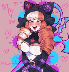 Rule 34 | 1girl, :p, animal ears, artist name, belt, black belt, black headwear, blue eyes, blush, breasts, brown eyes, brown hair, drill hair, fake animal ears, green background, grey hair, gwen (league of legends), heterochromia, highres, junko (funkywoomy), large breasts, league of legends, long sleeves, looking at viewer, purple background, red eyes, solo, soul fighter gwen, tongue, tongue out, twin drills, twintails