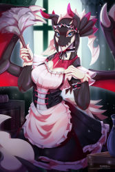 Rule 34 | 1girl, apron, black scales, black tail, black wings, blue eyes, breasts, dragon, dragon girl, dragon horns, dragon tail, dragon wings, dragonmaid sheou, duel monster, furry, furry female, highres, horns, house dragonmaid, large breasts, looking at viewer, maid, maid apron, purplelemons, scales, tail, wings, yu-gi-oh!