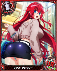 Rule 34 | 1girl, ahoge, artist request, ass, bag, blue eyes, breasts, card (medium), chess piece, choker, cowboy shot, hair between eyes, heart, high school dxd, holding, holding bag, king (chess), large breasts, long hair, long sleeves, looking at viewer, looking back, miniskirt, official art, open mouth, panties, red hair, rias gremory, skirt, solo, standing, tongue, underwear