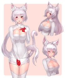 1girl, absurdres, alternate hairstyle, animal ear fluff, bangs, blush, breast squeeze, breasts, cat girl, cat tail, cleavage, cleavage cutout, clothing cutout, embarrassed, eyelashes, eyes closed, hair between eyes, hair intakes, high collar, highres, impossible clothes, impossible shirt, king&#039;s raid, kirze, large breasts, long hair, looking at viewer, microskirt, multiple views, ponytail, red eyes, scales, shirt, silver hair, skin tight, skirt, swept bangs, tail, thighhighs, white legwear, yu mochi (kamiinu)