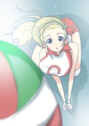 Rule 34 | 1girl, :o, ahoge, bad id, bad twitter id, ball, blonde hair, blue background, blue eyes, blurry, blurry foreground, breasts, buruma, female focus, from above, girls und panzer, hairband, highres, large breasts, looking up, pero (gessoyo), playing sports, ponytail, sasaki akebi, shirt, simple background, solo, squatting, sunlight, sweat, tareme, volleyball, volleyball (object), water drop, white hairband