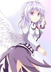 Rule 34 | 1girl, angel wings, ass, blush, feathered wings, highres, jacket, keyaki chimaki, kishin sagume, leaning forward, long sleeves, looking at viewer, looking back, miniskirt, open clothes, open jacket, pink eyes, purple skirt, silver hair, single wing, skirt, solo, touhou, white wings, wings