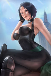 Rule 34 | 1girl, artist request, bare shoulders, black bodysuit, black gloves, black hair, blue sky, bodysuit, breasts, building, choker, curvy, female focus, fire emblem, fire emblem: three houses, gloves, hand up, highres, light rays, lips, looking at viewer, medium breasts, mole, mole on arm, mole on breast, nintendo, outdoors, parted lips, purple eyes, shamir nevrand, shin guards, short hair, shoulder strap, sitting, skin tight, sky, solo, sunlight, sweat, wtparadise