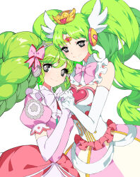 Rule 34 | 2girls, bow, breasts, collar, commentary request, crown, detached collar, dress, drill hair, elbow gloves, falulu, forehead jewel, gloves, green hair, grey eyes, half-closed eyes, headphones, heart, holding hands, long hair, looking at viewer, multiple girls, muse (rainforest), parted bangs, pink bow, pink dress, pretty series, pripara, puffy short sleeves, puffy sleeves, short sleeves, sidelocks, simple background, sleeveless, sleeveless dress, small breasts, smile, tiara, time paradox, twin drills, twintails, white background, white bow, white collar, white dress, white gloves, wing hair ornament