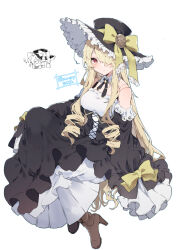 Rule 34 | 1girl, bare shoulders, black dress, black hat, black sleeves, blonde hair, boots, bow, breasts, brown footwear, chibi, chibi inset, closed mouth, detached sleeves, doll joints, dress, edel (ikeuchi tanuma), frilled hat, frills, full body, hair over one eye, hat, hat bow, high heel boots, high heels, highres, ikeuchi tanuma, joints, long hair, long sleeves, looking at viewer, medium breasts, multiple views, original, puffy long sleeves, puffy sleeves, red eyes, simple background, sleeves past wrists, twitter username, very long hair, white background, wide sleeves, yellow bow