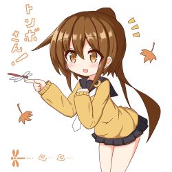 Rule 34 | 1girl, :d, animal, autumn leaves, black sailor collar, black skirt, blush, brown eyes, brown hair, brown sweater, bug, commentary request, crescent, crescent pin, dragonfly, fumizuki (kancolle), hair between eyes, hands up, high ponytail, highres, ichi (ichi.colors), insect, kantai collection, leaning forward, long hair, long sleeves, necktie, notice lines, open mouth, pleated skirt, ponytail, sailor collar, sidelocks, simple background, skirt, sleeves past wrists, smile, solo, sweater, translation request, very long hair, white background, white necktie