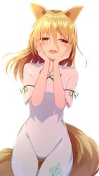 Rule 34 | 1girl, animal ears, blonde hair, cowboy shot, fox ears, fox tail, hair between eyes, hands on own cheeks, hands on own face, heart, heart-shaped pupils, highres, jumpsuit, kudamaki tsukasa, long hair, looking at viewer, open mouth, short hair, short sleeves, simple background, smile, solo, symbol-shaped pupils, tail, teeth, thigh gap, tomoe (fdhs5855), touhou, upper teeth only, white background, white jumpsuit, yellow eyes