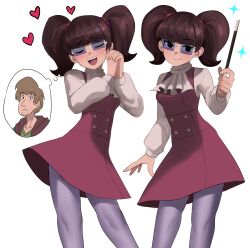 Rule 34 | 1girl, black eyes, blush, brown hair, dress, glasses, heart, highres, holding, holding wand, interlocked fingers, jourd4n, madelyn dinkley, multiple views, own hands together, pantyhose, pink dress, scooby-doo, shaggy rogers, shirt, smile, thought bubble, twintails, wand, white shirt