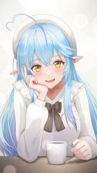 Rule 34 | 1girl, absurdres, ahoge, black bow, blue hair, blue nails, blush, bow, collarbone, cup, elf, frills, hair between eyes, head rest, heart, heart ahoge, highres, hololive, long hair, long sleeves, looking at viewer, mug, open mouth, pointy ears, smile, solo, sweater, tatataecho, virtual youtuber, white sweater, yellow eyes, yukihana lamy