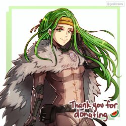 Rule 34 | 1girl, artist name, belt pouch, breasts, cape, closed mouth, commentary, english commentary, female focus, fire emblem, fire emblem: the sacred stones, fur cape, green eyes, green hair, gzei, headband, highres, inset border, long hair, looking at viewer, matching hair/eyes, medium breasts, nintendo, pouch, simple background, skin tight, smile, solo, syrene (fire emblem), thank you, twitter username, white background