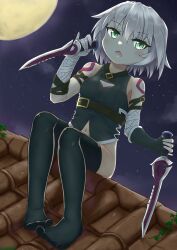 Rule 34 | 1girl, absurdres, bandaged arm, bandaged hand, bandages, bare shoulders, black gloves, black shirt, black thighhighs, blush, bottomless, breasts, cleavage cutout, clothing cutout, commentary request, dagger, dual wielding, fate/grand order, fate (series), feiyyx, fingerless gloves, full moon, gloves, green eyes, hair between eyes, highres, holding, holding dagger, holding knife, holding weapon, jack the ripper (fate/apocrypha), knife, moon, navel, night, night sky, no shoes, open mouth, outdoors, rooftop, shirt, single glove, sitting, sky, sleeveless, sleeveless shirt, small breasts, solo, star (sky), starry sky, thighhighs, weapon, white hair