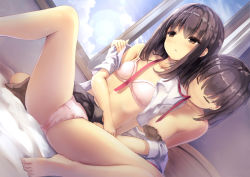 Rule 34 | 2girls, bare shoulders, barefoot, bed, bed sheet, blunt bangs, blush, bra, breasts, brown bra, brown hair, brown skirt, closed mouth, collarbone, collared shirt, commentary request, day, dress shirt, hair between eyes, highres, indoors, lens flare, long hair, medium breasts, miniskirt, missile228, mouth hold, multiple girls, on bed, open clothes, open mouth, open shirt, original, outdoors, panties, pink bra, pink panties, red ribbon, ribbon, ribbon in mouth, school uniform, shirt, short sleeves, sitting, skirt, small breasts, spread legs, sweat, toes, underwear, undressing, white shirt, yuri