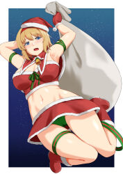 Rule 34 | 1girl, alice margatroid, arms up, baketsuya, blonde hair, blue eyes, blush, border, breasts, cleavage, full body, fur trim, gloves, green panties, hat, highres, holding, holding sack, large breasts, looking at viewer, navel, open mouth, outdoors, panties, red footwear, red gloves, red hat, sack, santa hat, shiny skin, short hair, sky, solo, star (sky), starry sky, thigh strap, touhou, underwear, white border