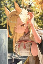 Rule 34 | 1girl, animal ears, bent over, blonde hair, blue archive, blurry, blurry background, blush, breasts, depth of field, detached sleeves, drinking fountain, fox ears, hair over one eye, hairband, halo, hanging breasts, highres, japanese clothes, kaho (blue archive), kimono, large breasts, long hair, looking at viewer, m.q (mqkyrie), mole, mole under mouth, motion blur, orange halo, outdoors, short eyebrows, sideboob, sleeveless, sleeveless kimono, solo, sweat, thick eyebrows, tree, water, wet, white kimono, wide sleeves, yellow hairband, yellow halo