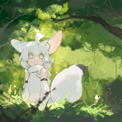 Rule 34 | 1girl, ahoge, animal ear fluff, animal ears, bare shoulders, braid, bug, butterfly, butterfly on hair, butterfly on head, code009, day, detached sleeves, dress, forest, fox ears, fox girl, fox tail, frown, fur trim, grey hair, highres, insect, long hair, nature, original, outdoors, plant, sidelocks, solo, sunlight, tail, vines, white dress, white hair, yellow eyes