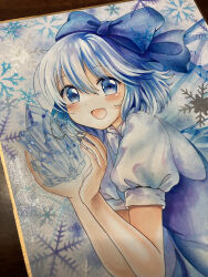 Rule 34 | 1girl, absurdres, blue bow, blue dress, blue eyes, blue hair, blush, bow, cirno, collared shirt, dated, dress, fang, from side, hair between eyes, hair bow, highres, ice, ice wings, medium hair, mosho, open mouth, photo (medium), pinafore dress, puffy short sleeves, puffy sleeves, shikishi, shirt, short sleeves, sleeveless, sleeveless dress, snowflake background, solo, touhou, traditional media, upper body, white shirt, wings
