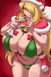 Rule 34 | 1girl, absurdres, bell, bikini, blonde hair, breasts, brown eyes, capelet, christmas stocking, closed mouth, creatures (company), cynthia (pokemon), game freak, green bikini, hair over one eye, hat, highres, holding, holding sack, huge breasts, long hair, looking at viewer, muppy (muppy0163), nintendo, pokemon, pokemon dppt, red background, red capelet, red nails, sack, santa hat, sidelocks, simple background, smile, solo, swimsuit, thick thighs, thighs