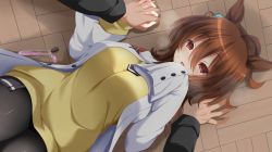 Rule 34 | 1boy, 1girl, absurdres, accidental pervert, agnes tachyon (umamusume), animal ears, black pantyhose, blush, breasts, brown hair, coat, commentary request, dutch angle, hair ornament, highres, holding hands, horse ears, horse girl, lab coat, large breasts, lying, on back, on floor, open mouth, pantyhose, pov, pov hands, red eyes, ryochapu, short hair, sleeves past wrists, spilling, straddling, sweater, test tube, umamusume, white coat, yellow sweater
