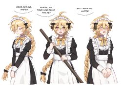 Rule 34 | 1boy, aether (genshin impact), ahoge, alternate costume, apron, back bow, black bow, black dress, blonde hair, blush, bow, bowtie, braid, broom, buttons, closed eyes, closed mouth, commentary, crossdressing, dress, earrings, english commentary, english text, enmaided, frills, genshin impact, hair between eyes, hair bow, hands up, highres, holding, holding broom, jewelry, juliet sleeves, kyou 0120, long hair, long sleeves, looking at viewer, maid, maid day, maid headdress, male focus, open mouth, puffy sleeves, simple background, single earring, smile, solo, speech bubble, sweatdrop, tongue, white apron, white background, white bow, yellow bow, yellow bowtie, yellow eyes