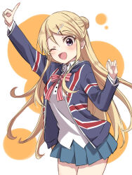 Rule 34 | 1girl, :d, abstract background, arm up, blonde hair, blue skirt, breasts, buttons, collared shirt, cowboy shot, grey eyes, hair between eyes, hair bun, hair ornament, hairclip, hand up, highres, index finger raised, jacket, kin-iro mosaic, kujou karen, light blush, long hair, long sleeves, looking at viewer, medium breasts, messy hair, open clothes, open jacket, open mouth, orange background, purple eyes, school uniform, shirt, sidelocks, simple background, sketch, skirt, smile, solo, tented shirt, thighs, tottoto tomekichi, union jack, very long hair, white background, white shirt, x hair ornament
